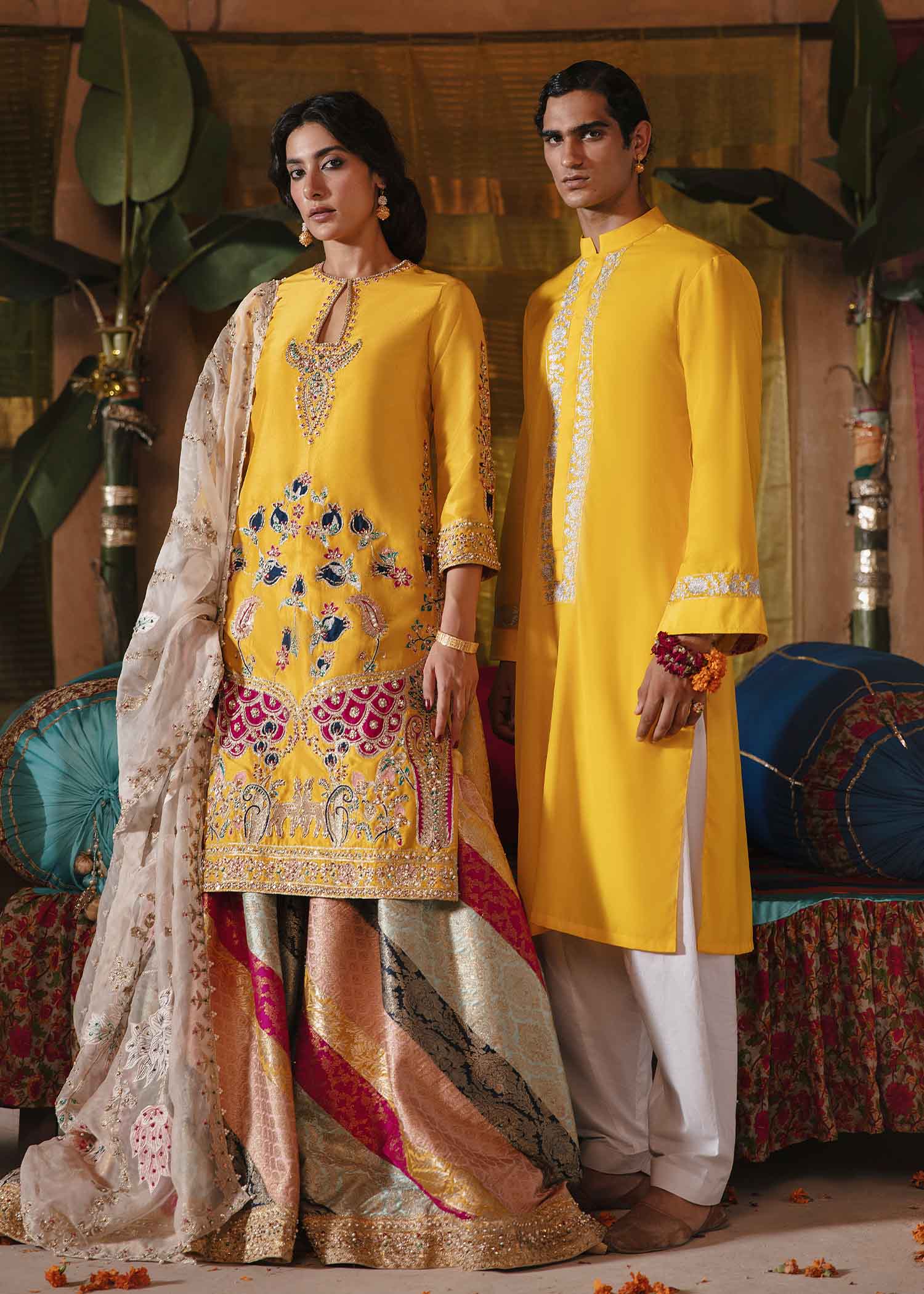 Yellow Aari Embroidered Raw Silk Gharara (3-Piece) - Image 5