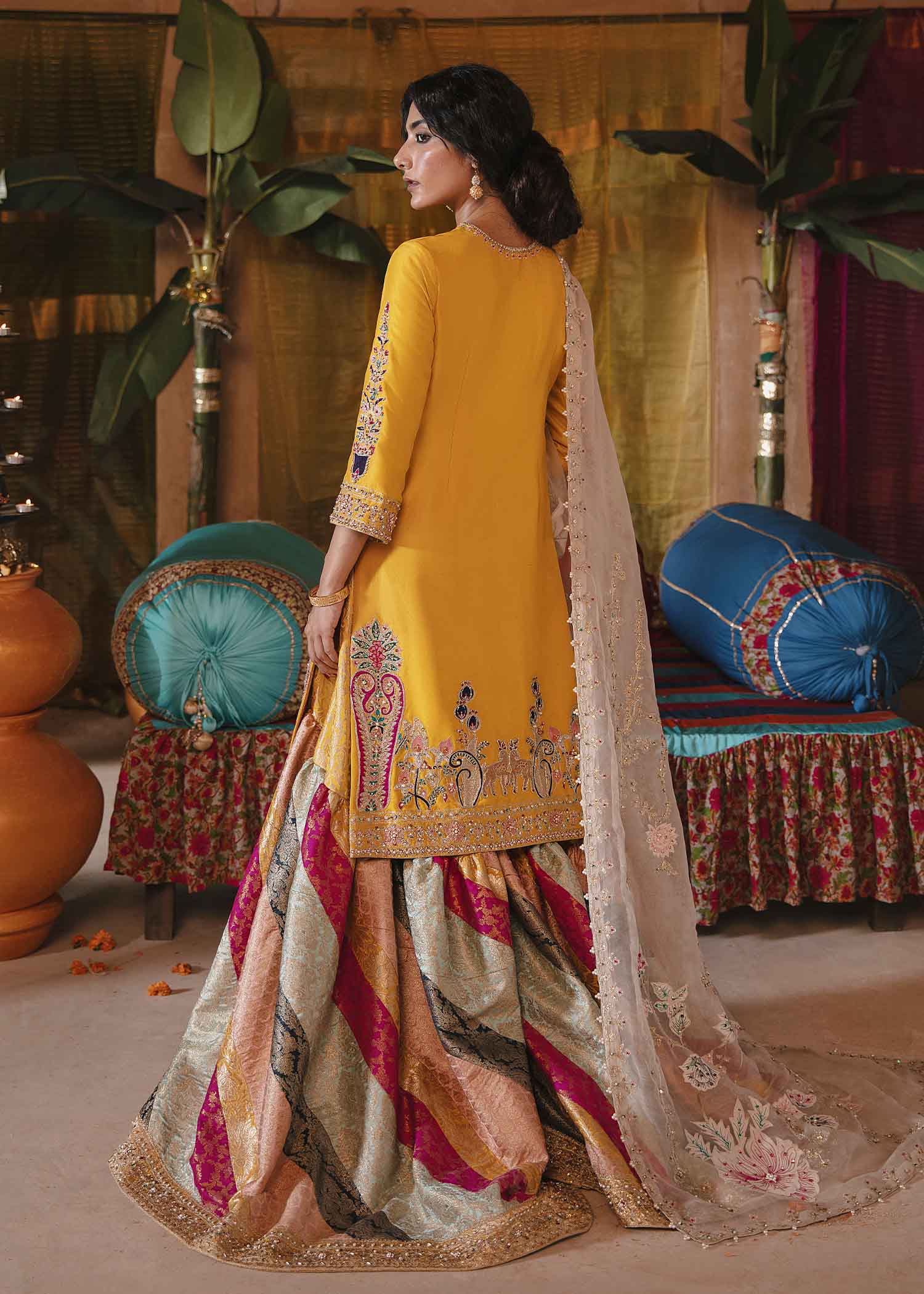 Indian Sunshine Yellow Aari-Embroidered Raw Silk Gharara (3-Piece) - Image 6