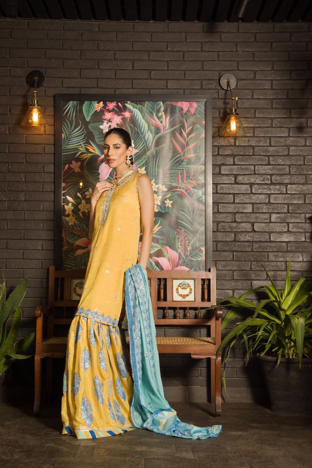 Pakistani Mustard Silver Handworked Raw Silk Gharara (3-Piece) - Image 3