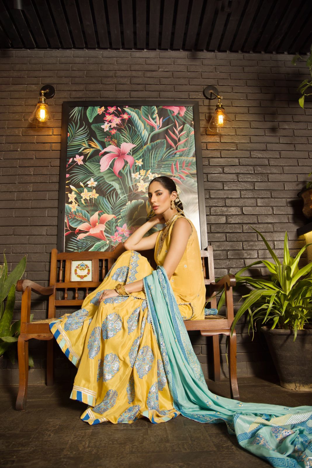 Pakistani Mustard Silver Handworked Raw Silk Gharara (3-Piece) - Image 5