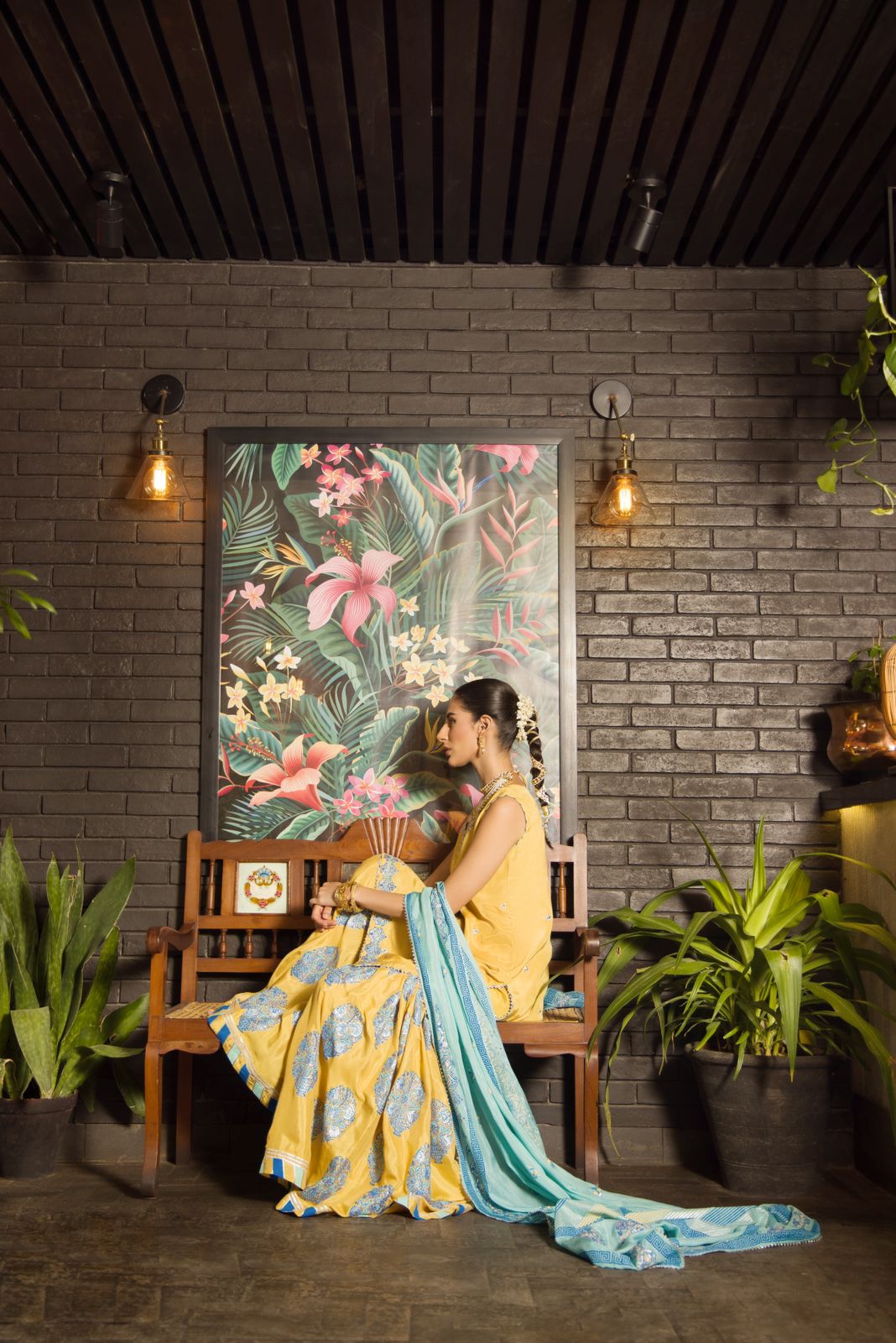 Pakistani Mustard Silver Handworked Raw Silk Gharara (3-Piece) - Image 6