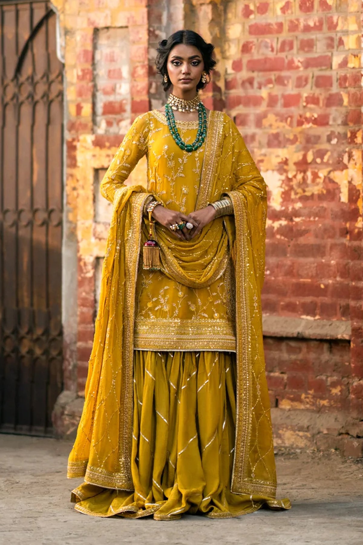 Pakistani Mustard Embroidered Crinkle Chiffon Gharara (3-Piece) - Image 1