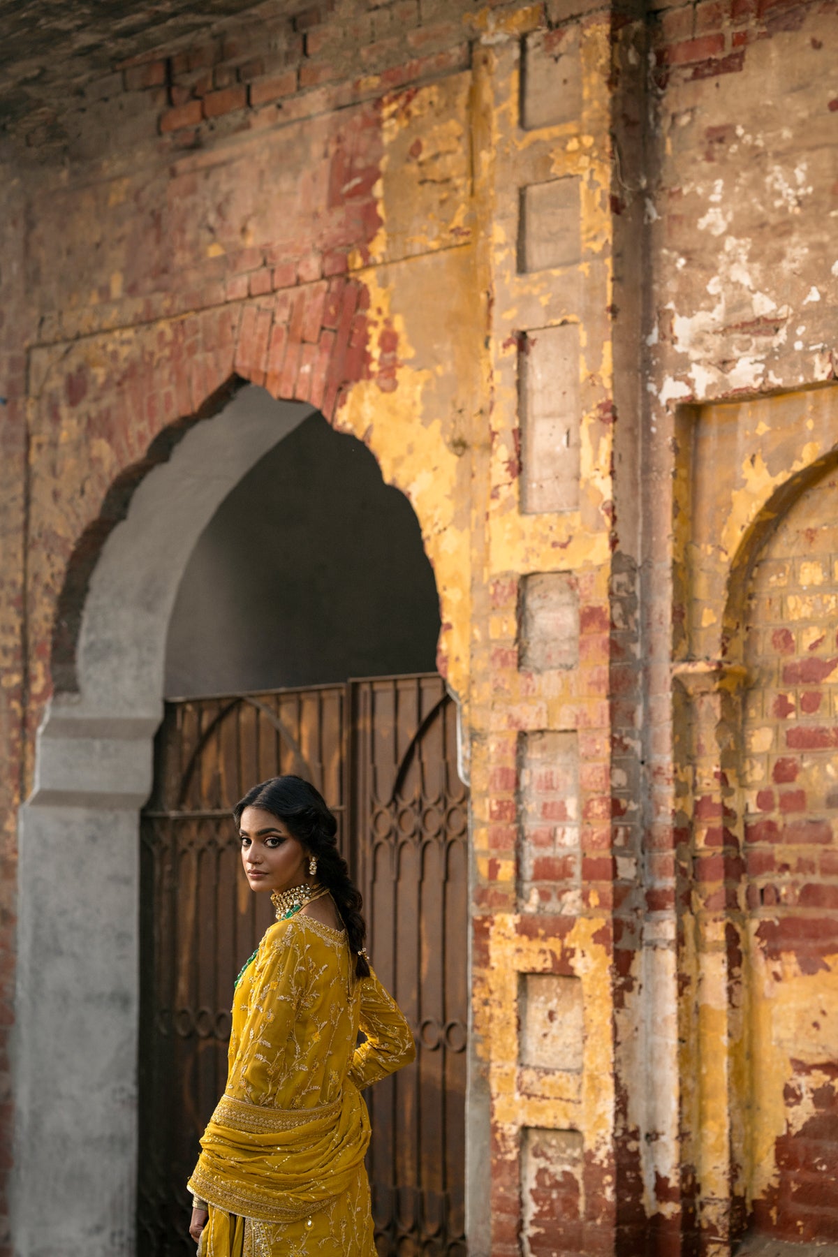 Pakistani Mustard Embroidered Crinkle Chiffon Gharara (3-Piece) - Image 10