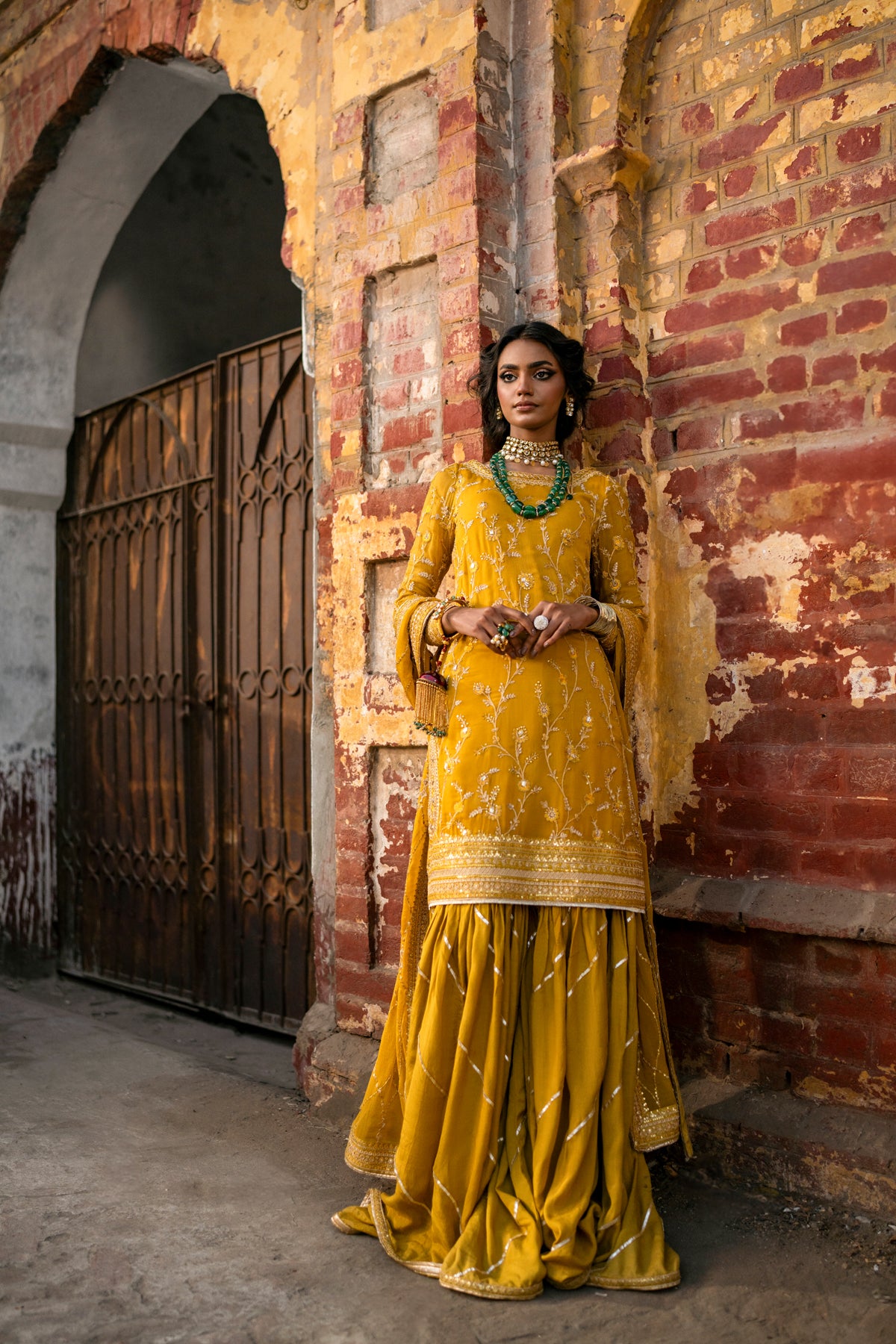Pakistani Mustard Embroidered Crinkle Chiffon Gharara (3-Piece) - Image 11