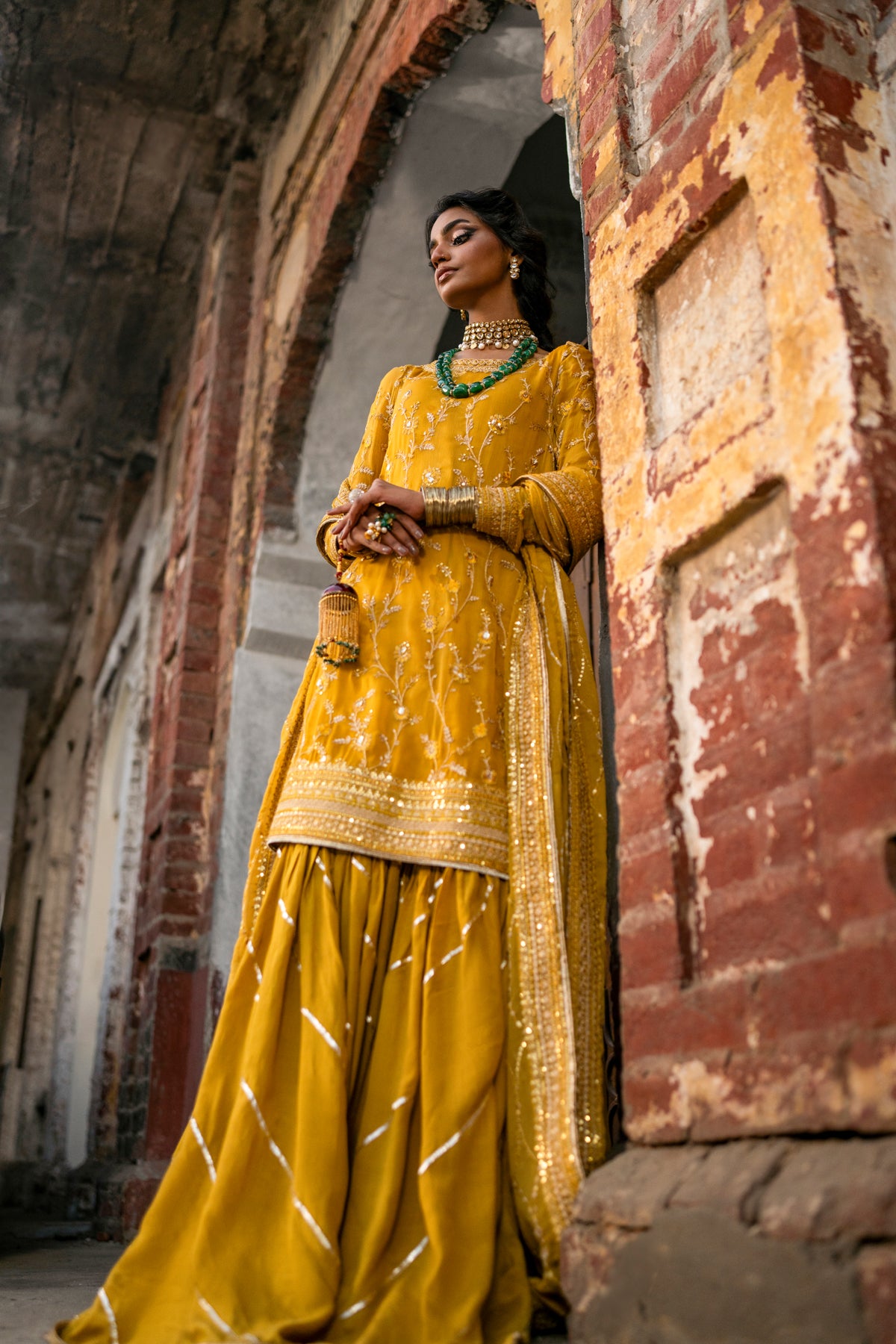 Pakistani Mustard Embroidered Crinkle Chiffon Gharara (3-Piece) - Image 13
