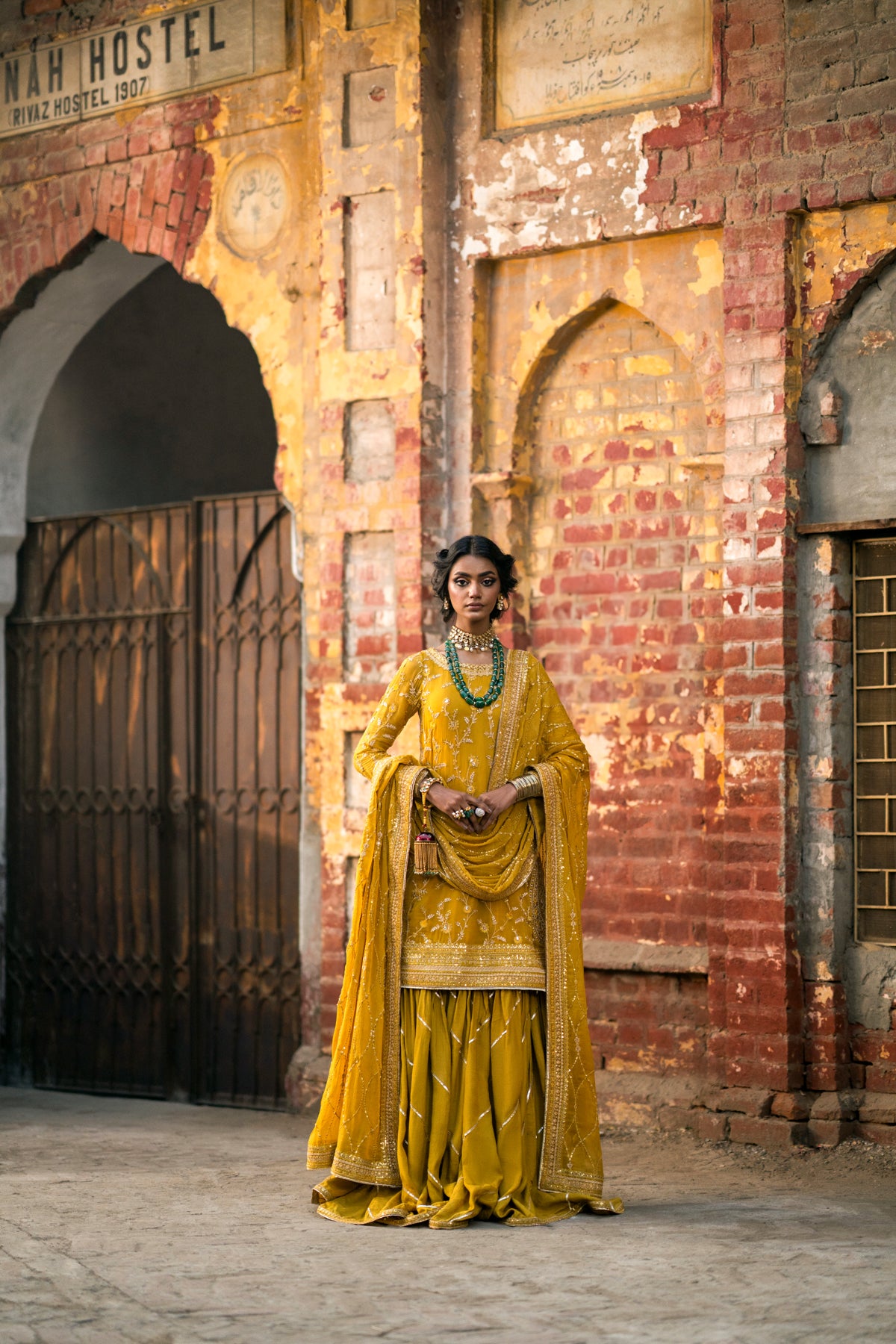 Pakistani Mustard Embroidered Crinkle Chiffon Gharara (3-Piece) - Image 14