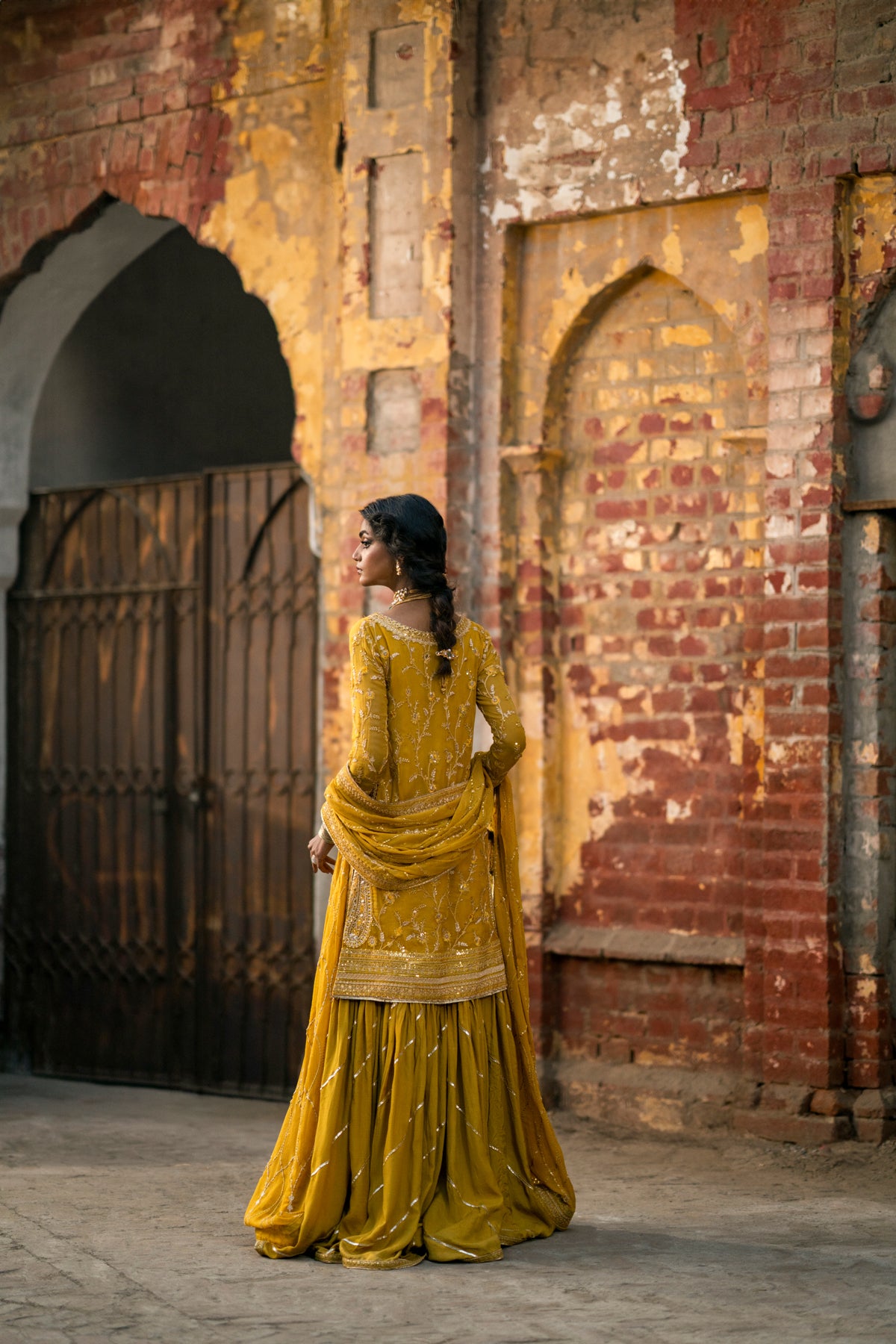 Pakistani Mustard Embroidered Crinkle Chiffon Gharara (3-Piece) - Image 2