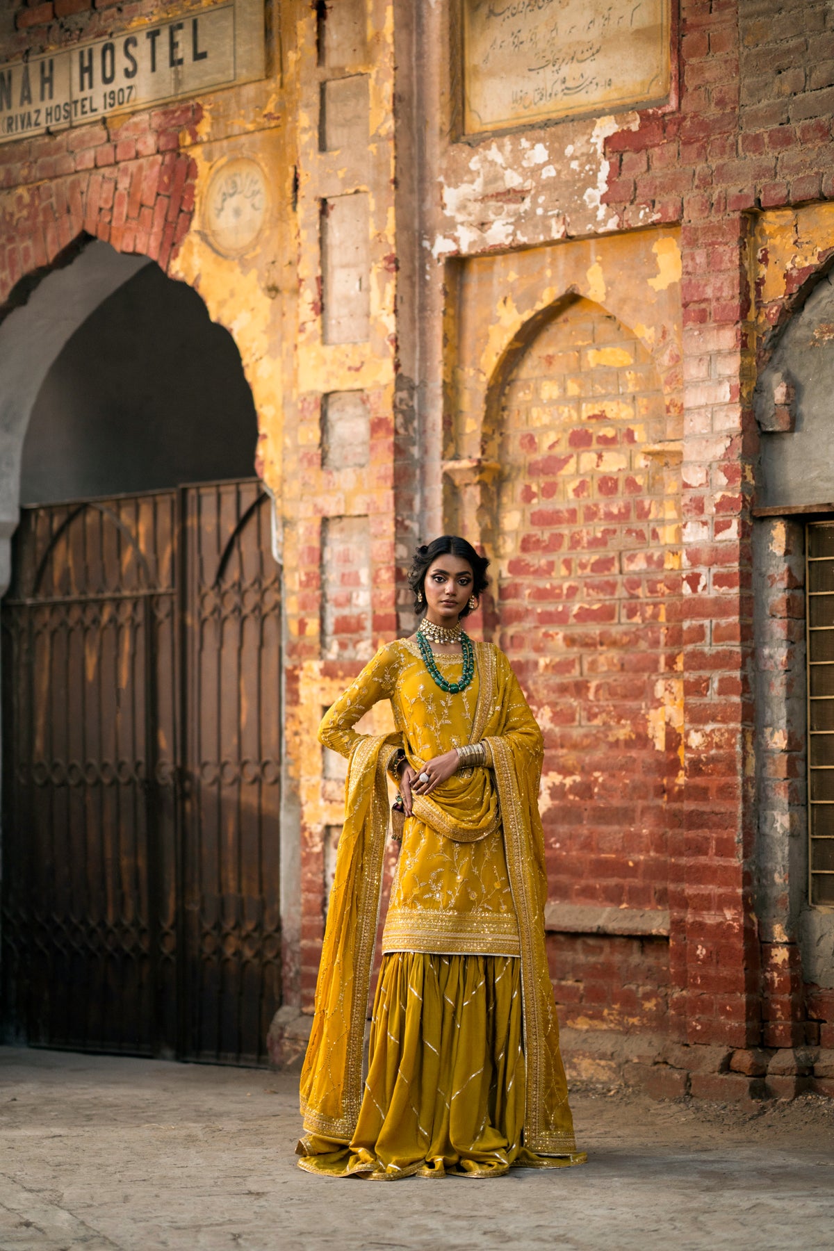 Pakistani Mustard Embroidered Crinkle Chiffon Gharara (3-Piece) - Image 4