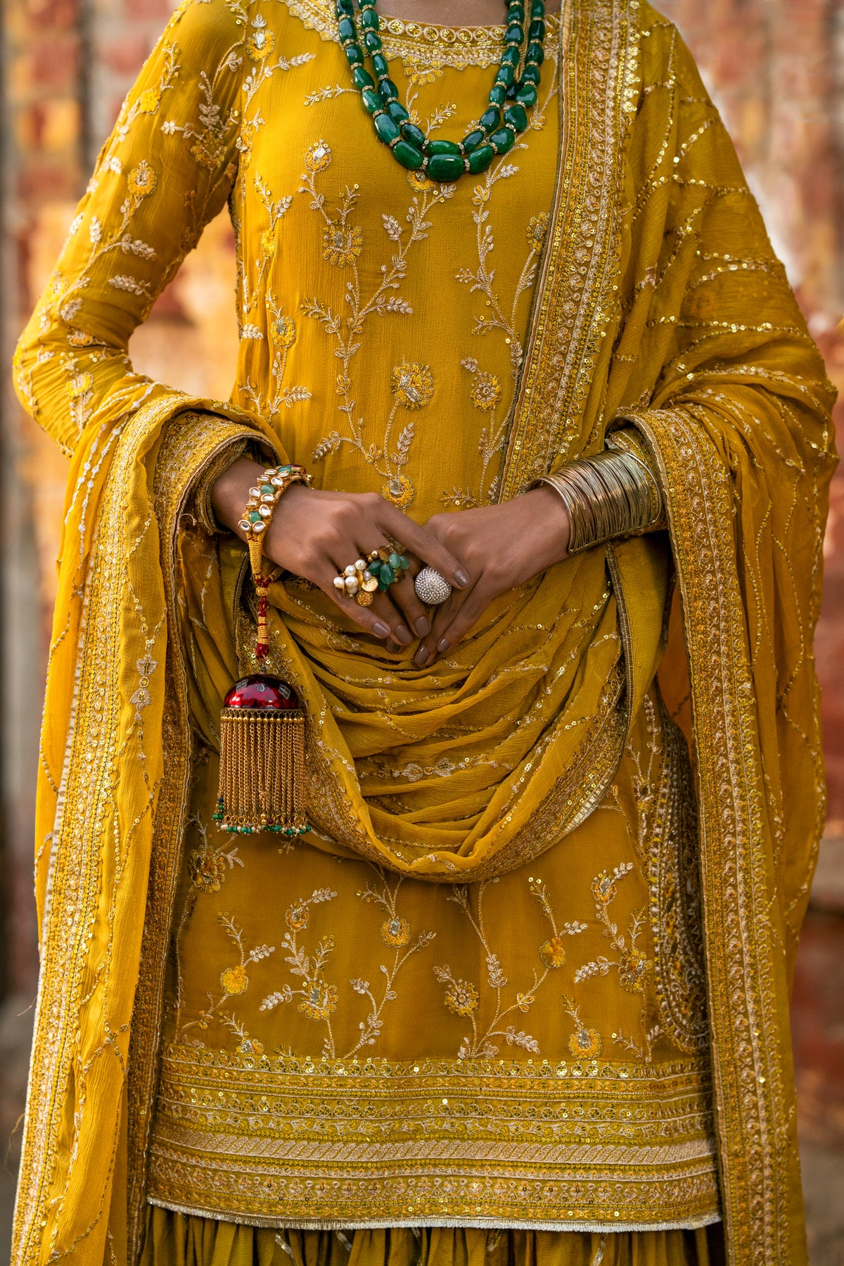 Pakistani Mustard Embroidered Crinkle Chiffon Gharara (3-Piece) - Image 5