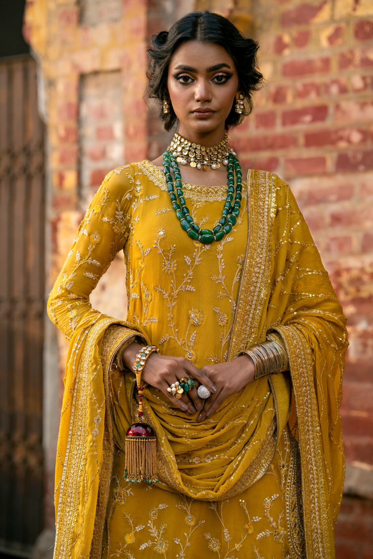 Pakistani Mustard Embroidered Crinkle Chiffon Gharara (3-Piece) - Image 6