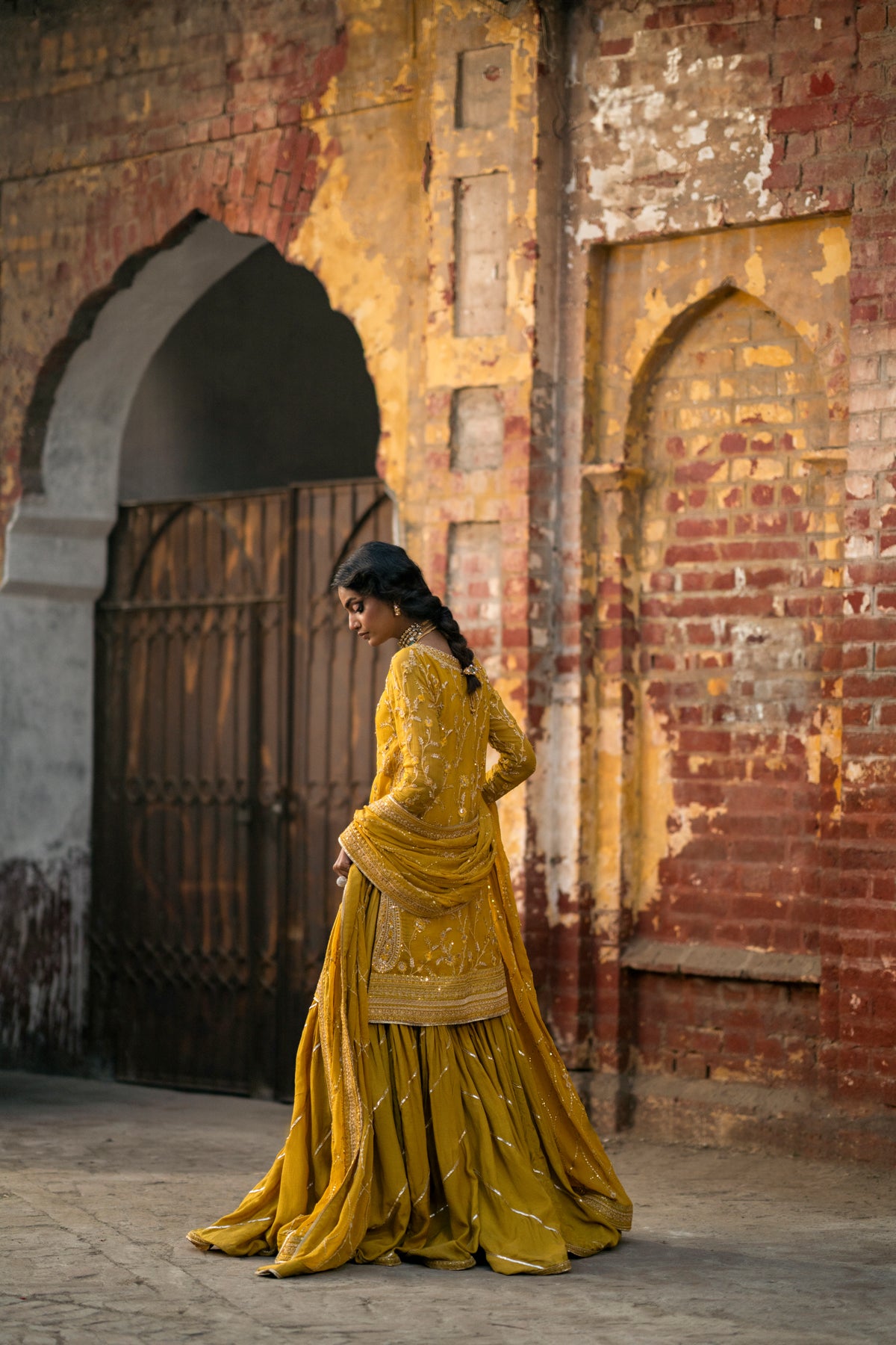Pakistani Mustard Embroidered Crinkle Chiffon Gharara (3-Piece) - Image 9