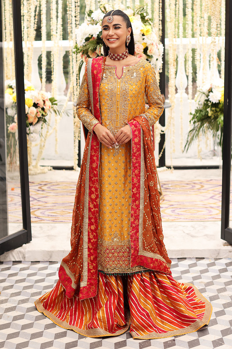 Yellow Kaamdani Raw Silk Gharara Set (3-Piece) - Image 1
