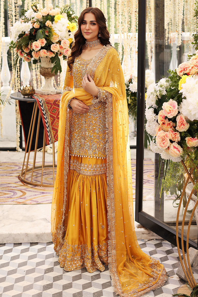 Amber Yellow Embellished Raw Silk Gharara (3-Piece) - Image 1