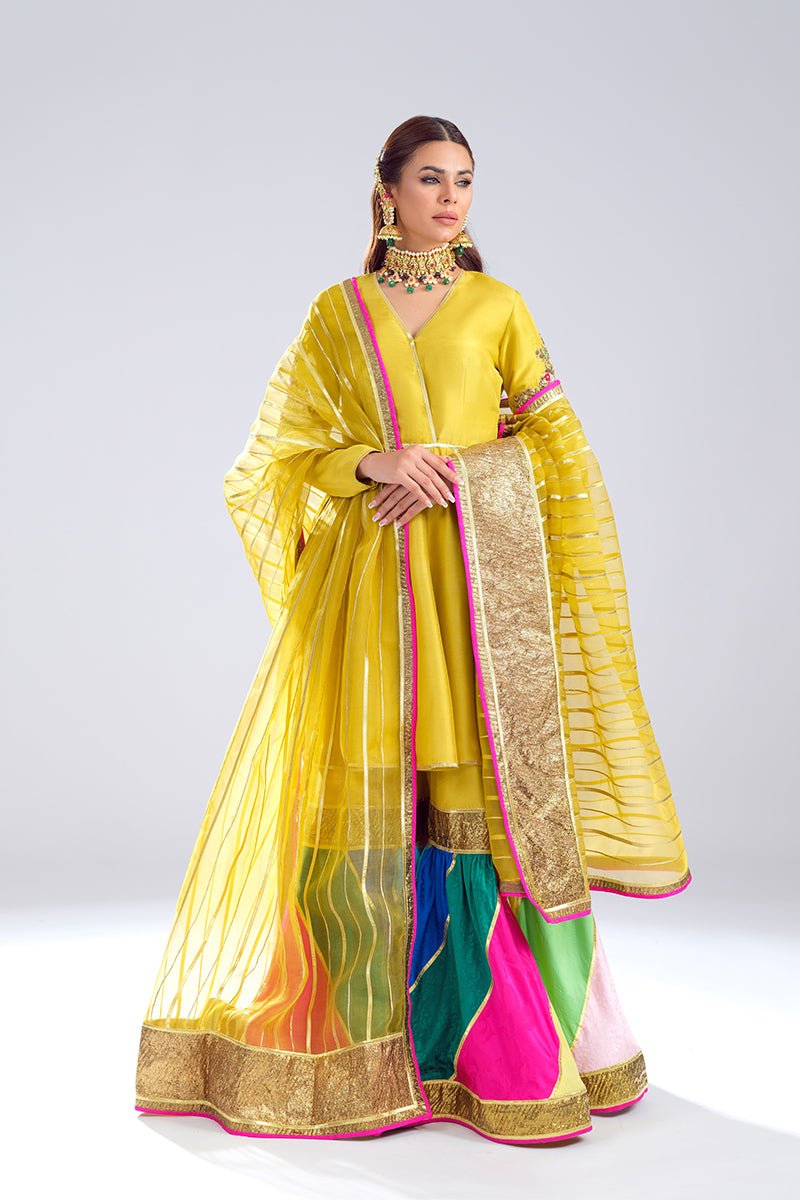 Pakistani Yellow Zardozi Raw Silk Angrakha Gharara (3-Piece) - Image 2