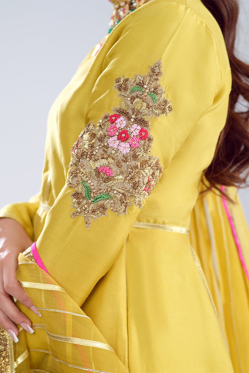 Pakistani Yellow Zardozi Raw Silk Angrakha Gharara (3-Piece) - Image 3