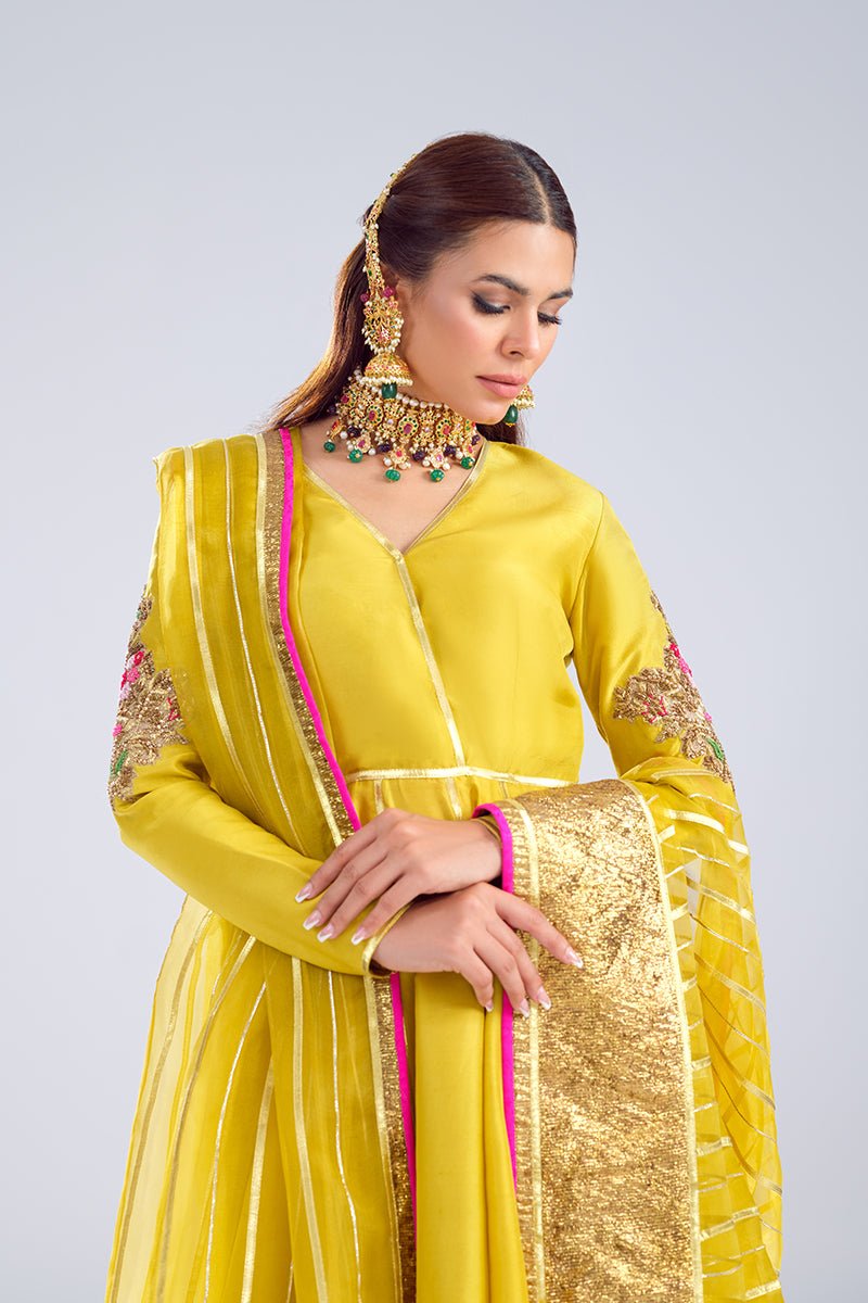 Pakistani Yellow Zardozi Raw Silk Angrakha Gharara (3-Piece) - Image 4