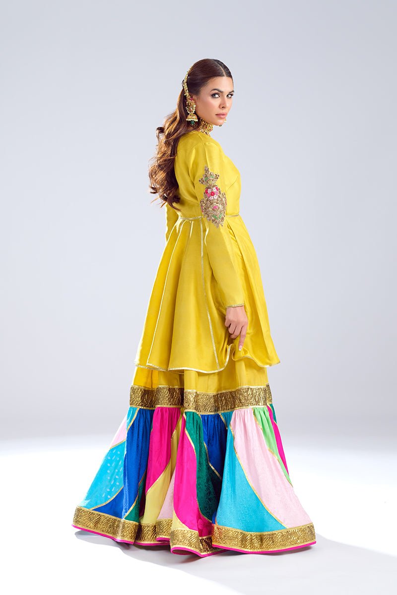 Pakistani Yellow Zardozi Raw Silk Angrakha Gharara (3-Piece) - Image 5