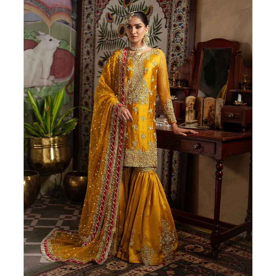 Pakistani Mikado Yellow Hand-Embellished Self-Tissue Gharara (3-Piece) - Image 1