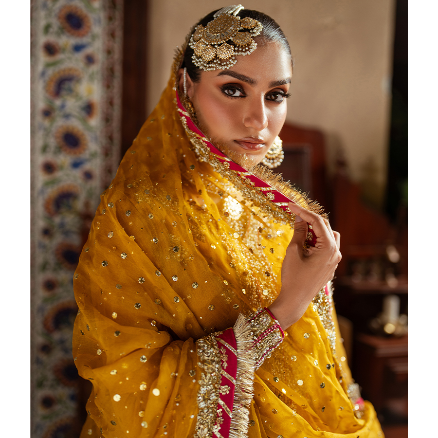 Pakistani Mikado Yellow Hand-Embellished Self-Tissue Gharara (3-Piece) - Image 2