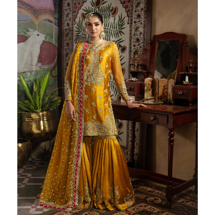 Pakistani Mikado Yellow Hand-Embellished Self-Tissue Gharara (3-Piece) - Image 3