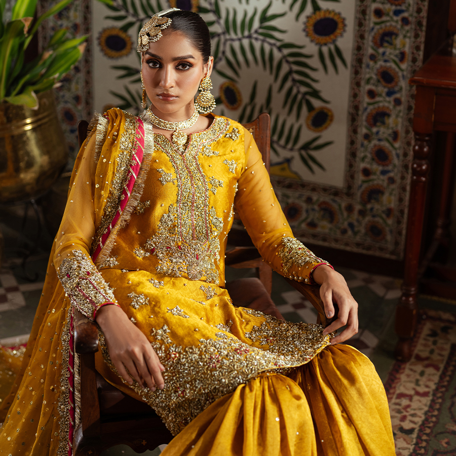 Pakistani Mikado Yellow Hand-Embellished Self-Tissue Gharara (3-Piece) - Image 4