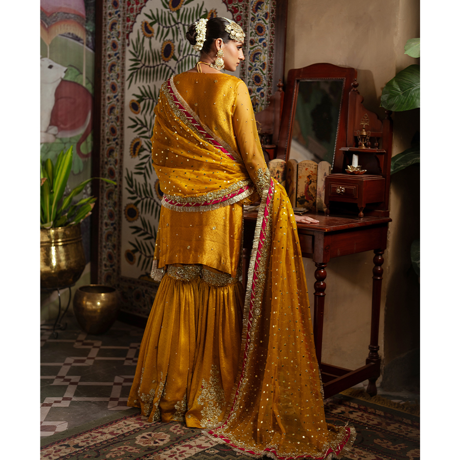 Pakistani Mikado Yellow Hand-Embellished Self-Tissue Gharara (3-Piece) - Image 5