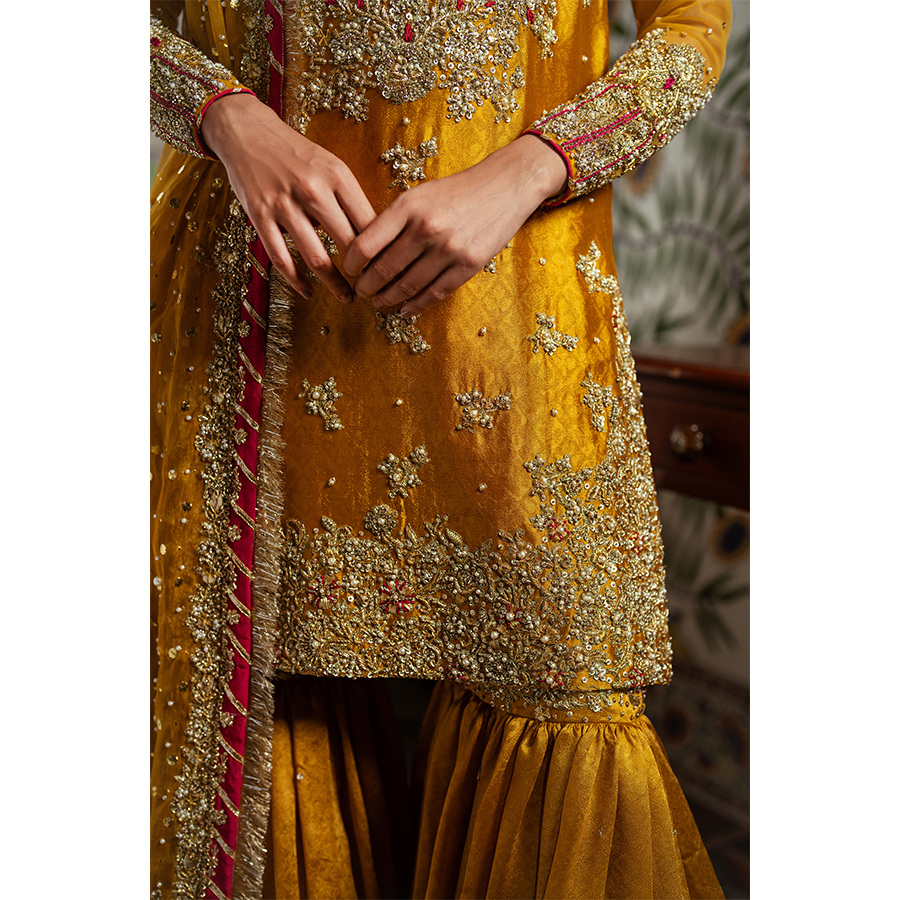 Pakistani Mikado Yellow Hand-Embellished Self-Tissue Gharara (3-Piece) - Image 6