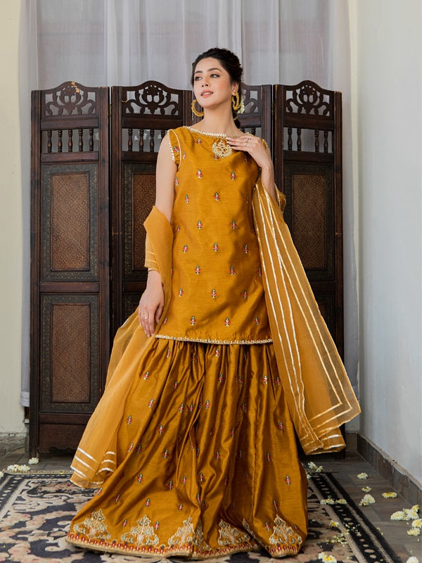 Pakistani Mustard Embroidered Silk-Blend Gharara Set (3-Piece) - Image 1