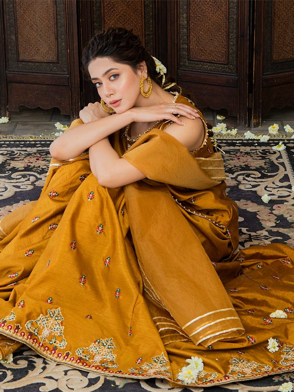 Pakistani Mustard Embroidered Silk-Blend Gharara Set (3-Piece) - Image 4