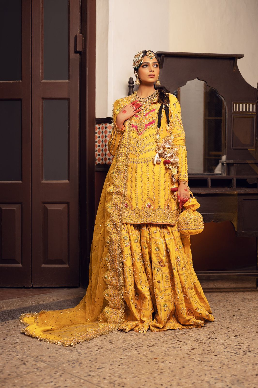 Pakistani Mustard Yellow Embellished Silk Gharara (3-Piece) - Image 1