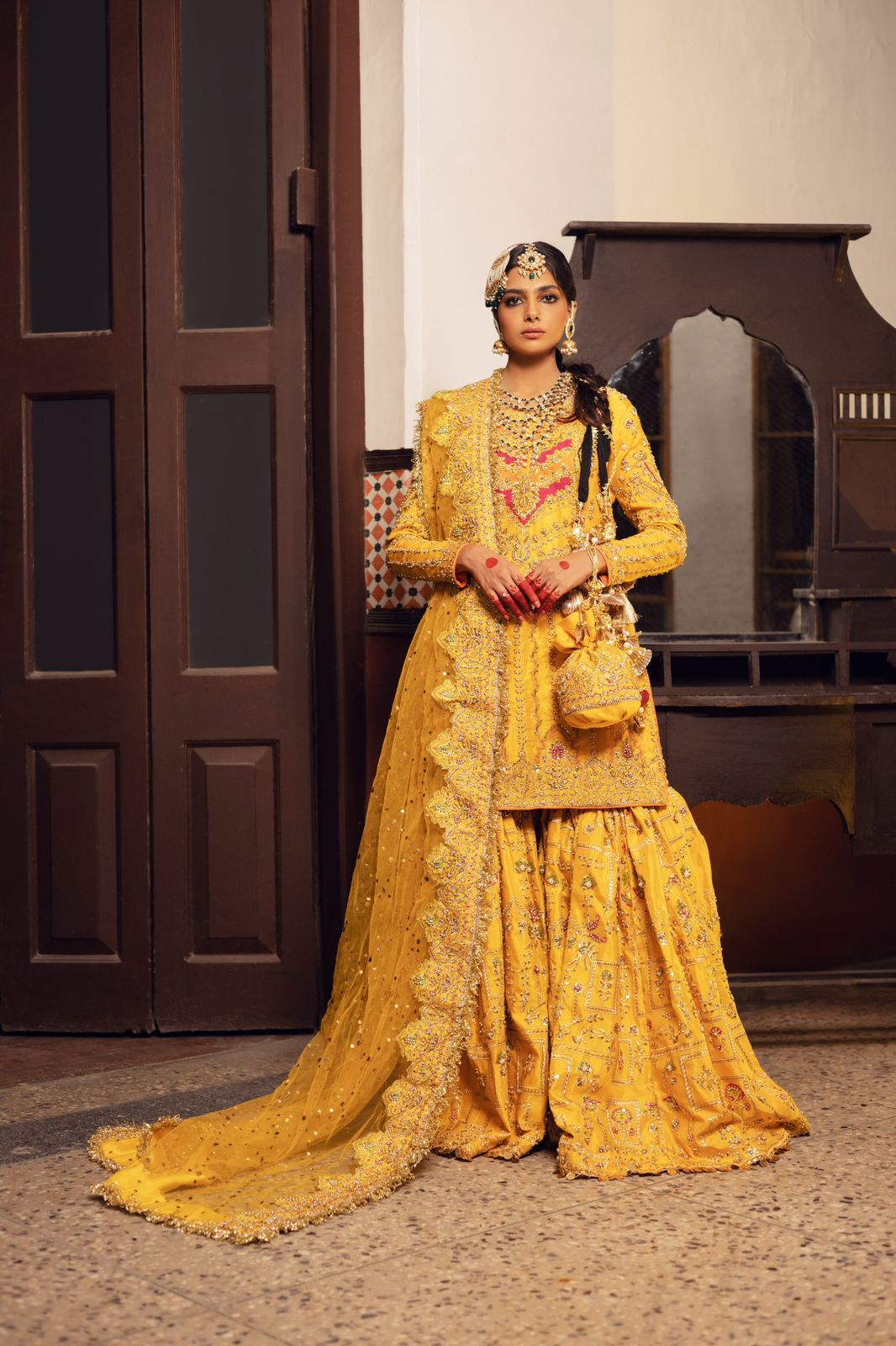 Pakistani Mustard Yellow Embellished Silk Gharara (3-Piece) - Image 2