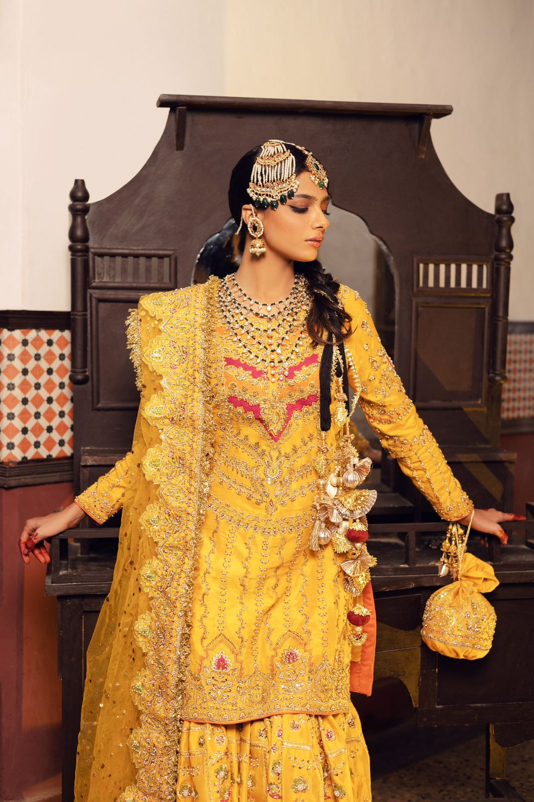 Pakistani Mustard Yellow Embellished Silk Gharara (3-Piece) - Image 3