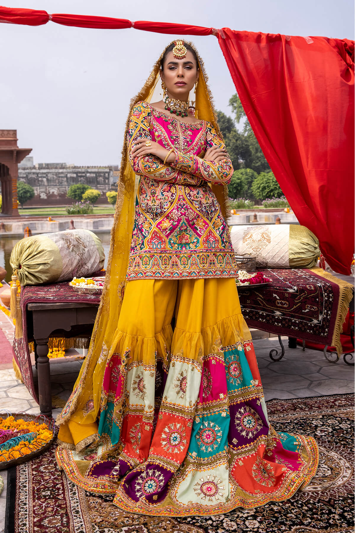 Multicolour Embroidered Silk & Organza Gharara (3-Piece) - Image 2