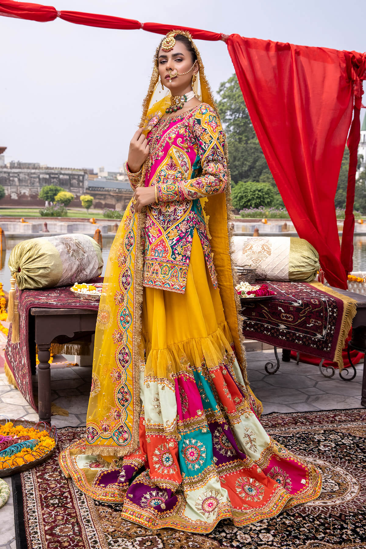 Multicolour Embroidered Silk & Organza Gharara (3-Piece) - Image 3