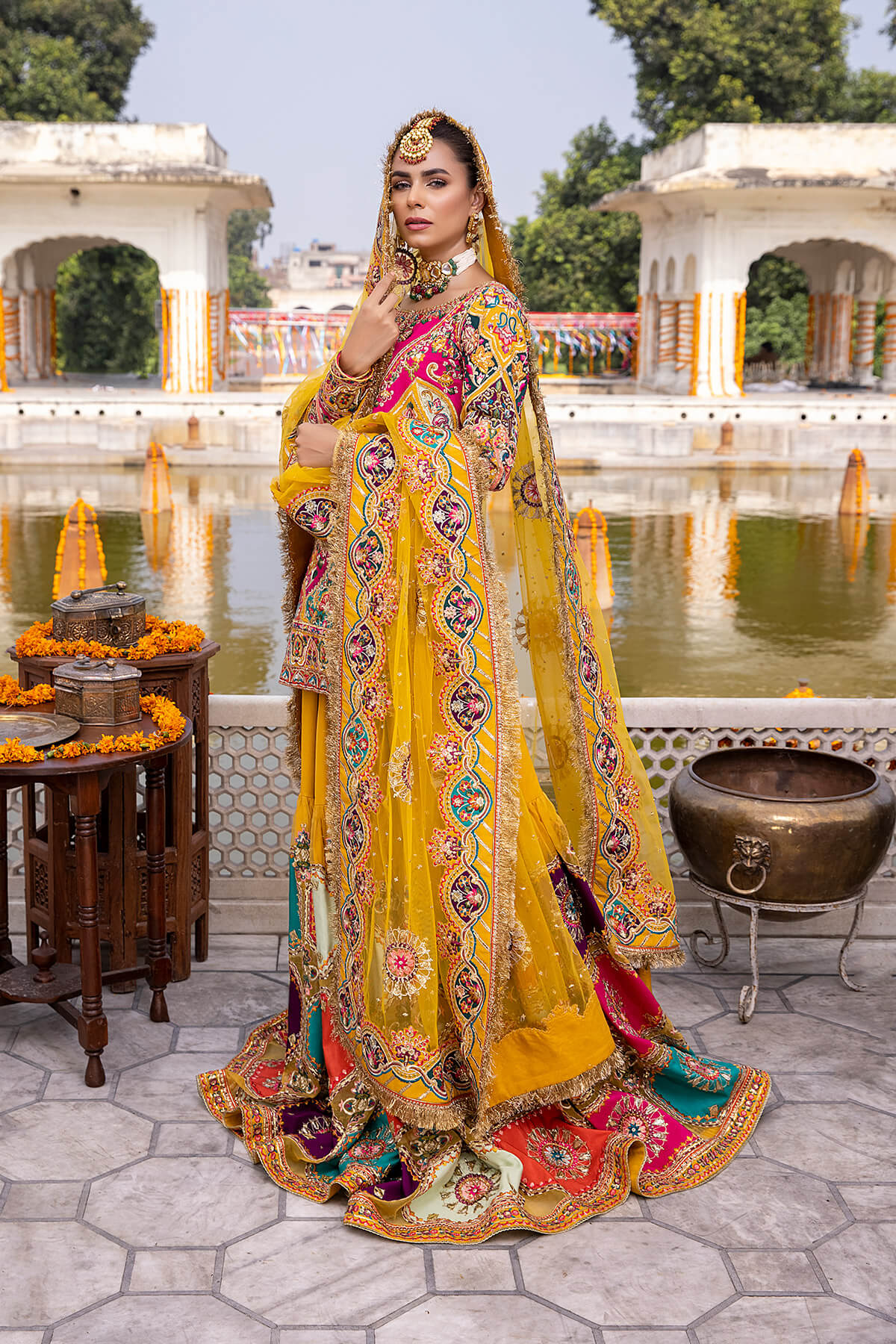 Multicolour Embroidered Silk & Organza Gharara (3-Piece) - Image 7