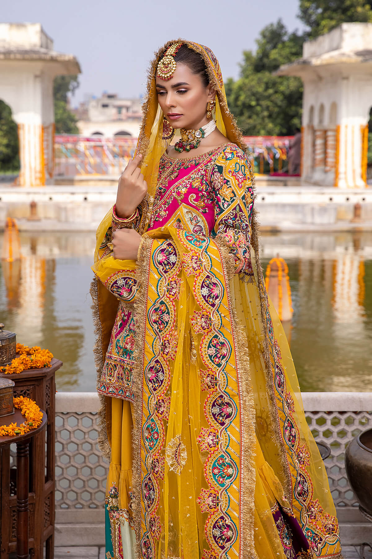 Multicolour Embroidered Silk & Organza Gharara (3-Piece) - Image 8
