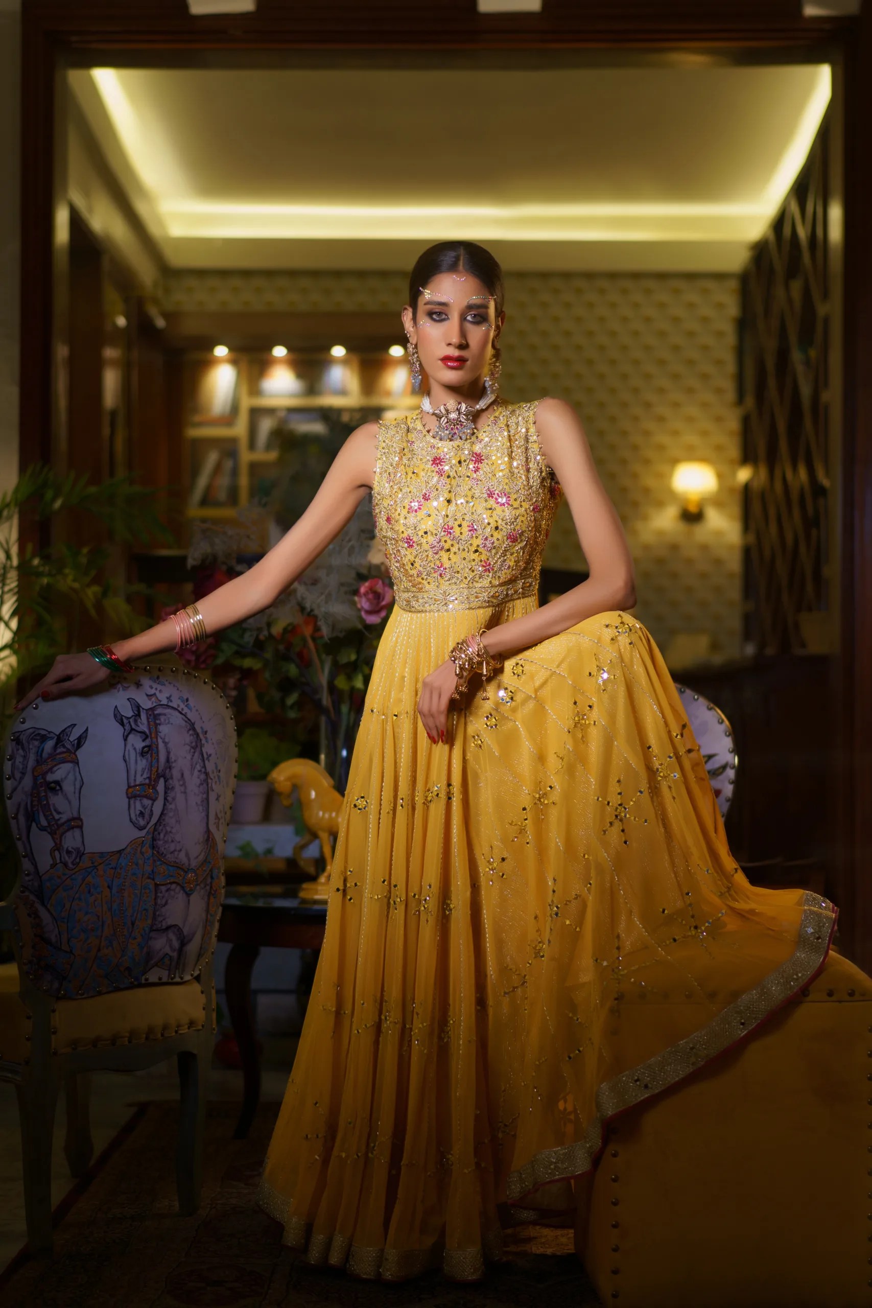 Yellow Embroidered Georgette Gown (1-Pc) - Image 1