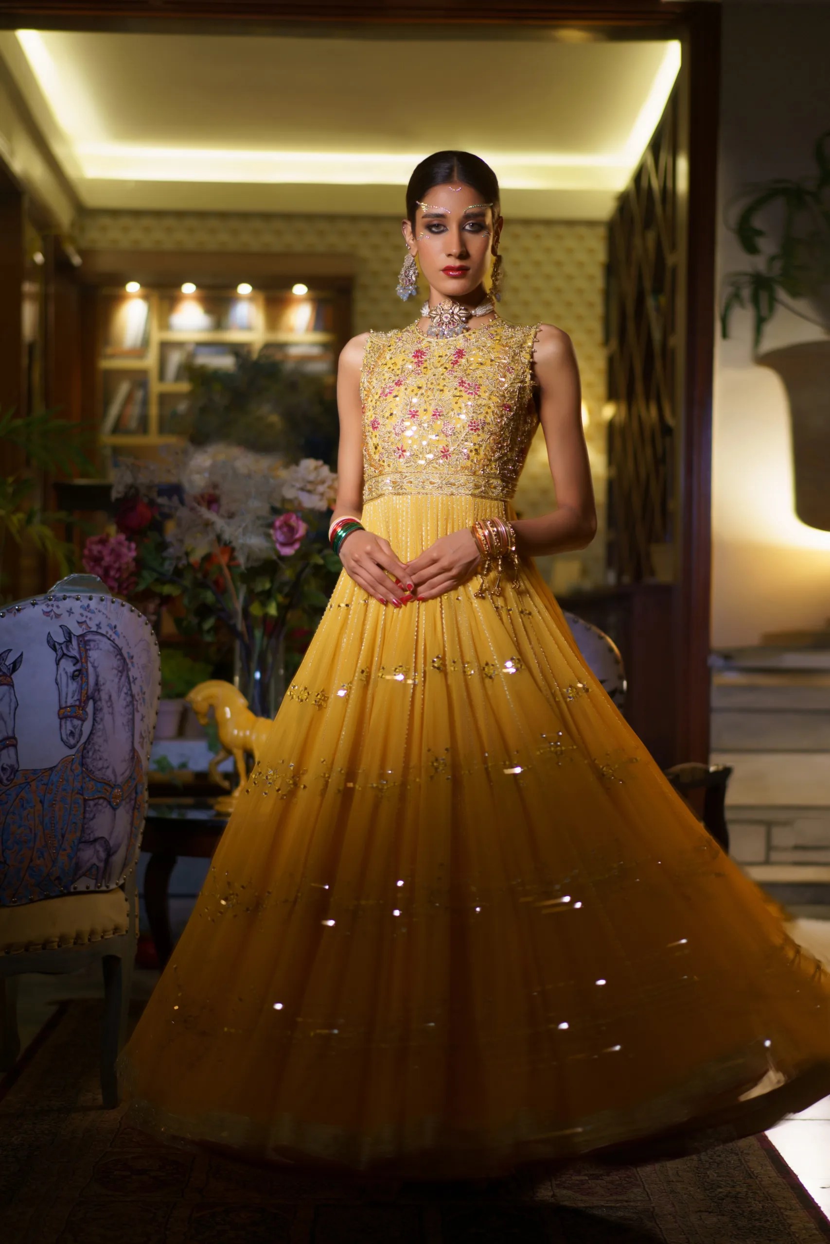 Yellow Embroidered Georgette Gown (1-Pc) - Image 2