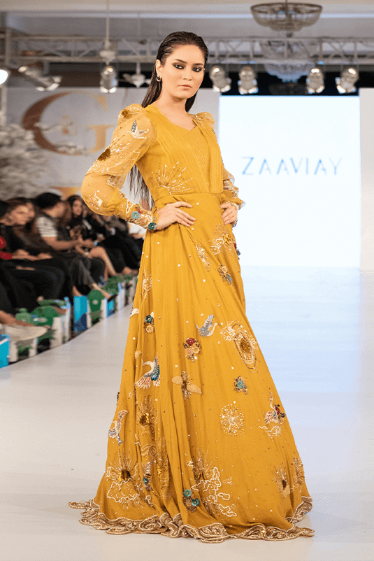 Pakistani Mustard Yellow 3D Embellished Silk Gown (1-Pc) - Image 1