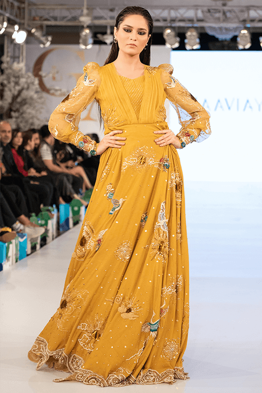 Pakistani Mustard Yellow 3D Embellished Silk Gown (1-Pc) - Image 3