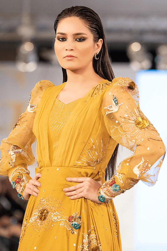 Pakistani Mustard Yellow 3D Embellished Silk Gown (1-Pc) - Image 4