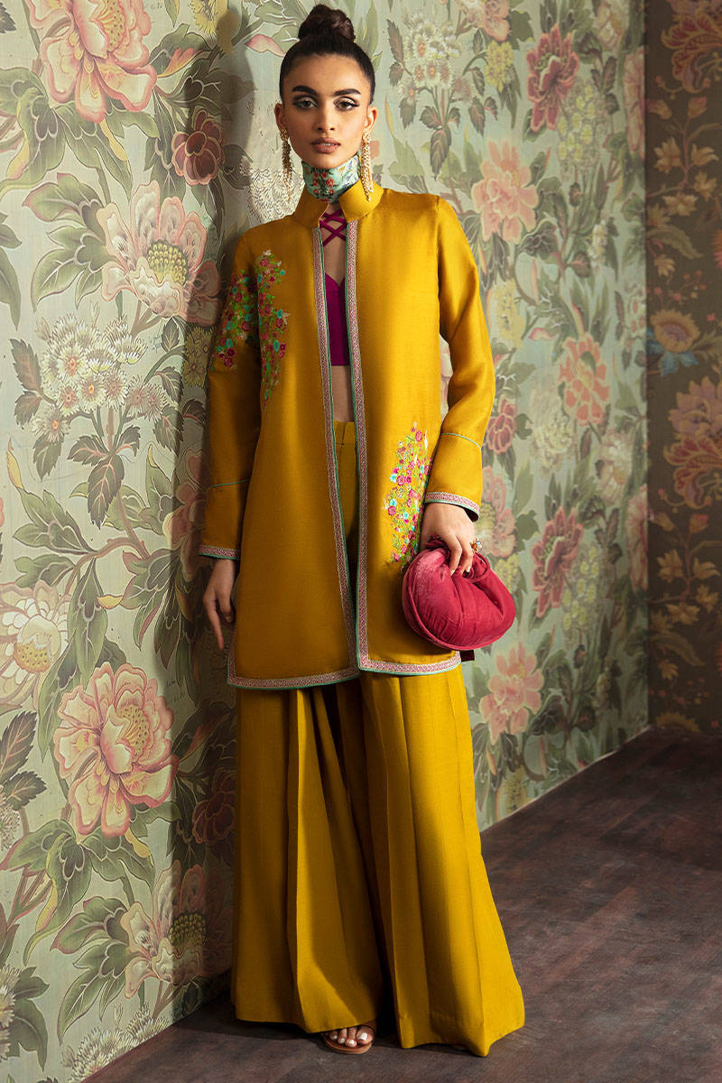 Pakistani Mustard Embroidered Raw Silk Jacket & Flared Pants (2-Piece) - Image 1