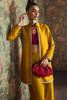Pakistani Mustard Embroidered Raw Silk Jacket & Flared Pants (2-Piece) - Image 5