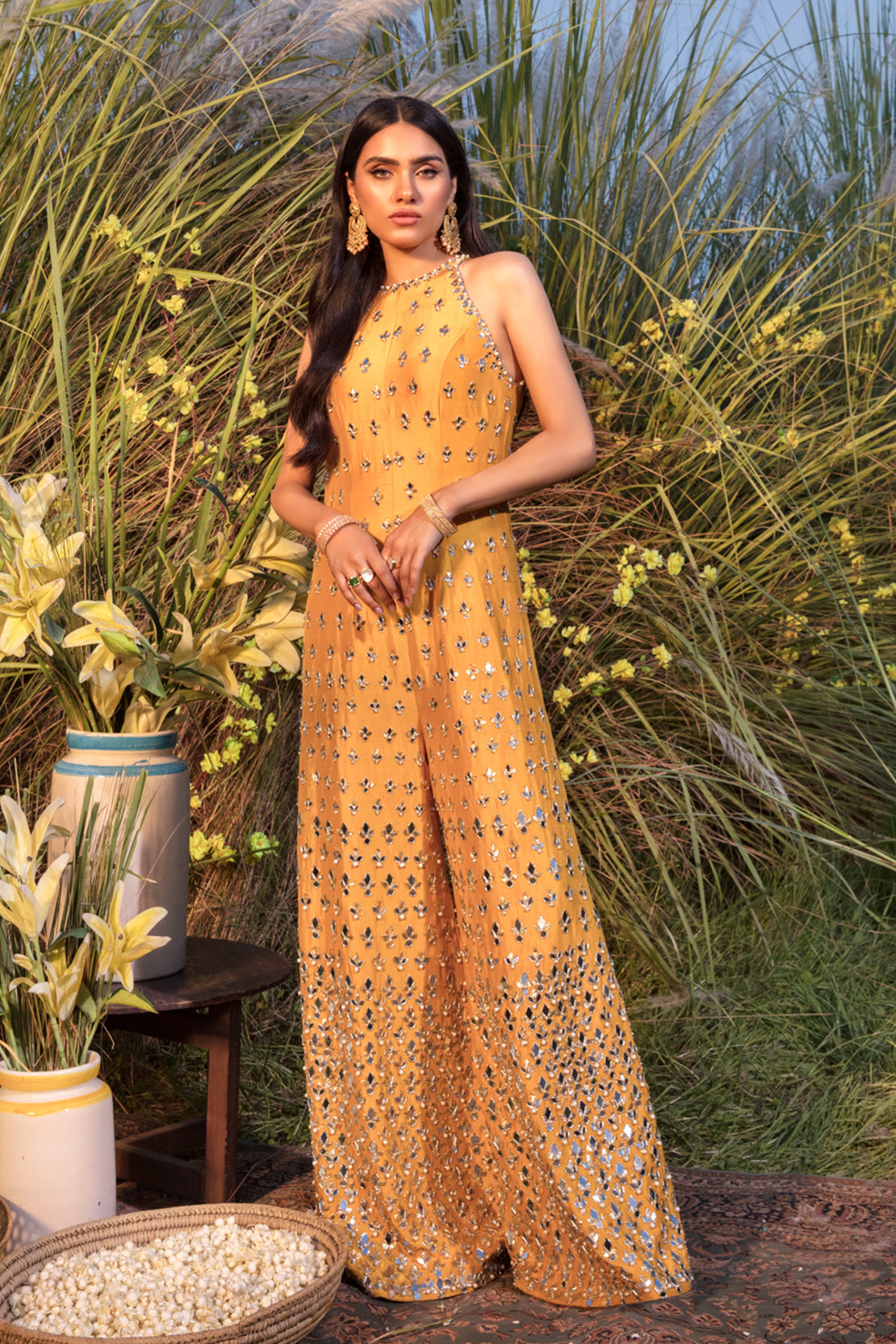 Pakistani Mustard Mirror Work Georgette Jumpsuit (1-Pc) - Image 1