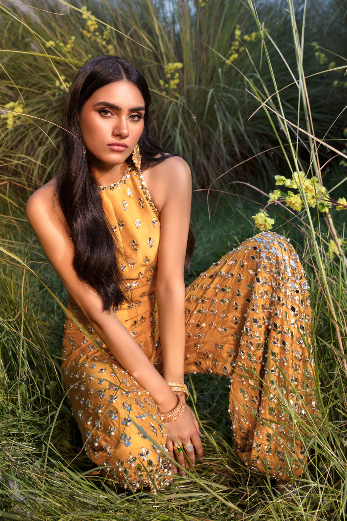 Pakistani Mustard Mirror Work Georgette Jumpsuit (1-Pc) - Image 2