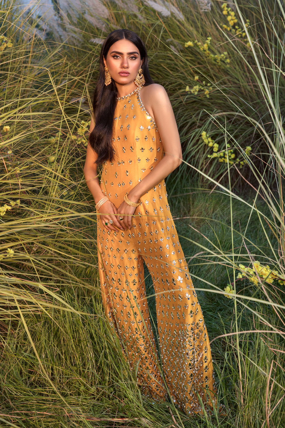 Pakistani Mustard Mirror Work Georgette Jumpsuit (1-Pc) - Image 5