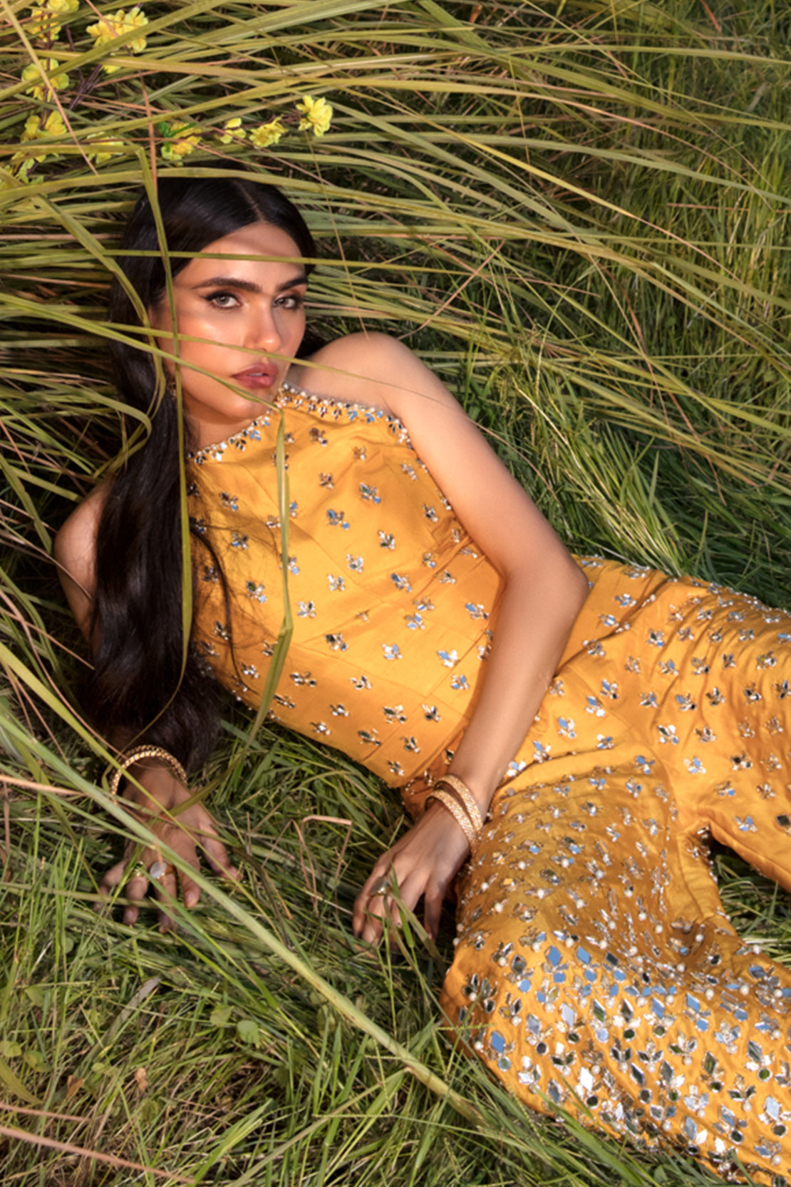 Pakistani Mustard Mirror Work Georgette Jumpsuit (1-Pc) - Image 6