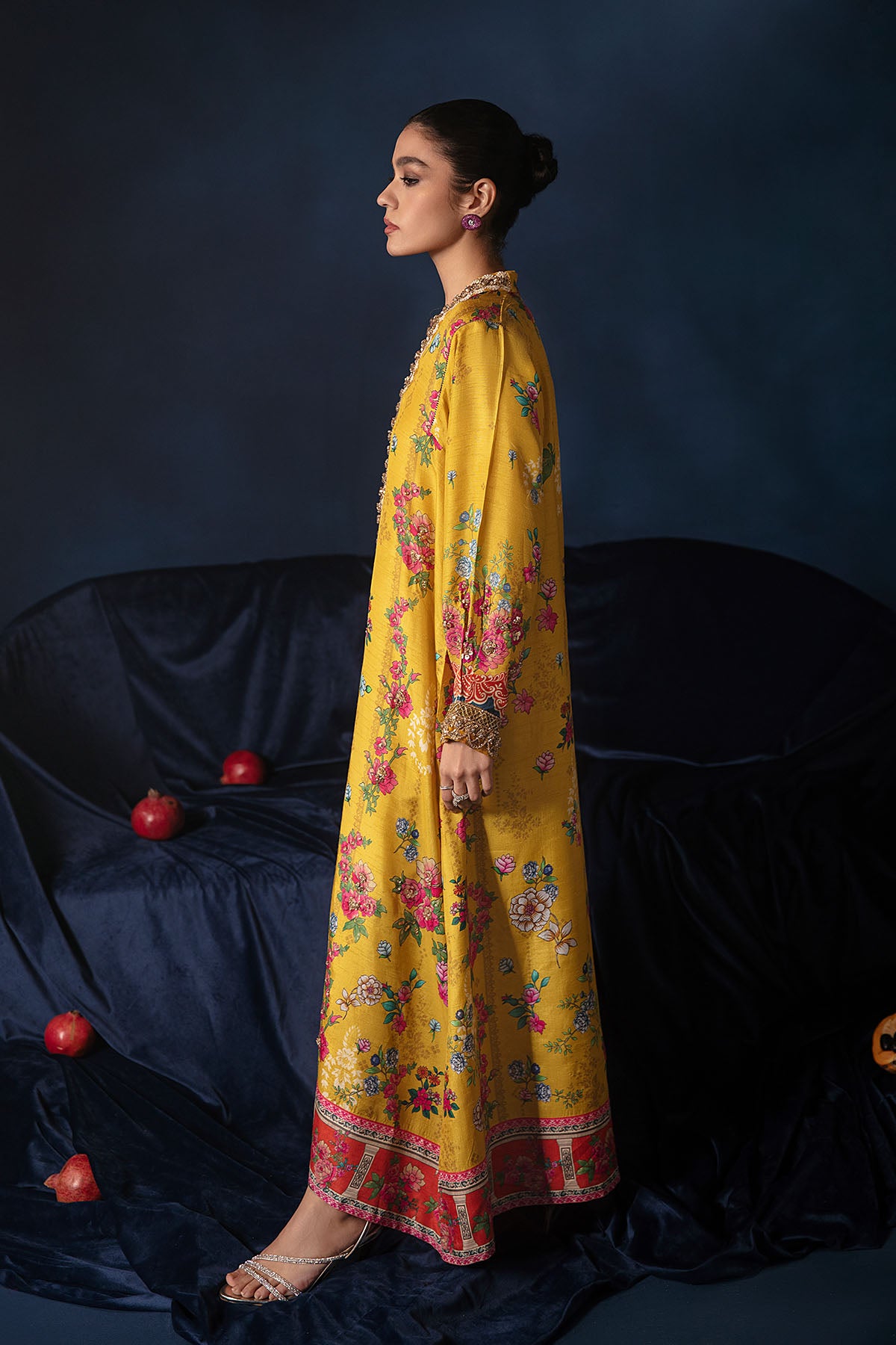 Yellow Floral Embellished Silk Kaftan Set (2-Piece) - Image 2