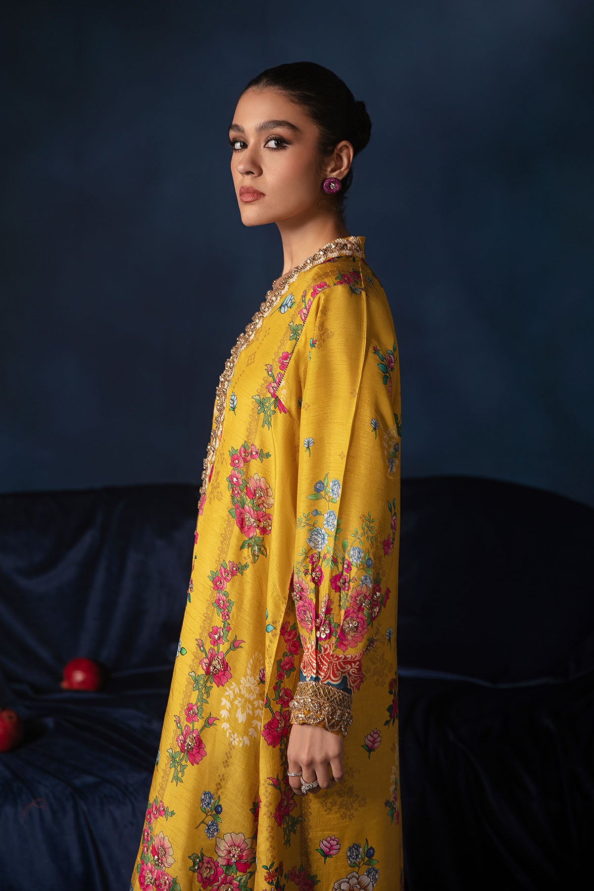 Yellow Floral Embellished Silk Kaftan Set (2-Piece) - Image 4