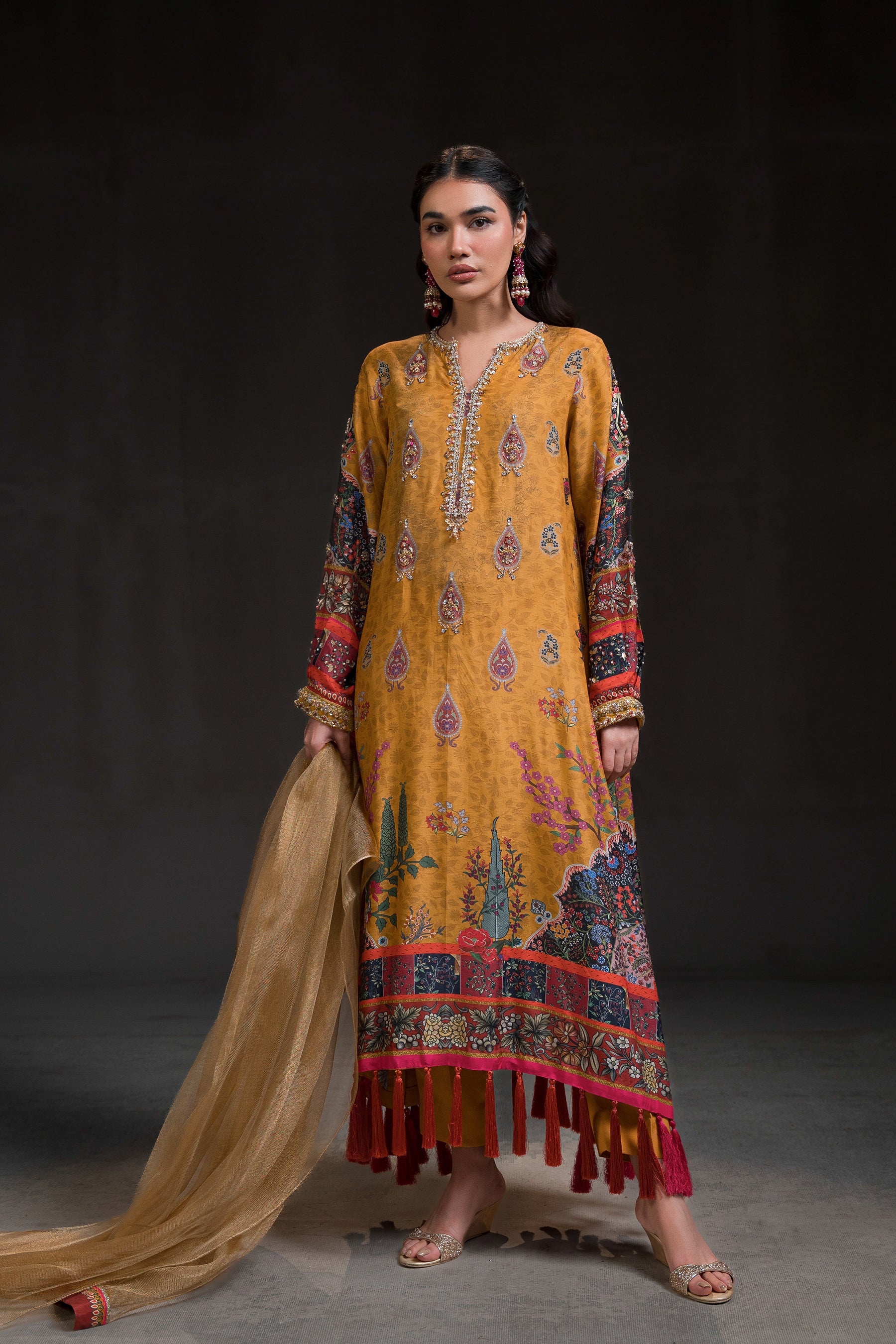 Mustard Tilla & Bead Embellished Silk Kaftan (3-Piece) - Image 1